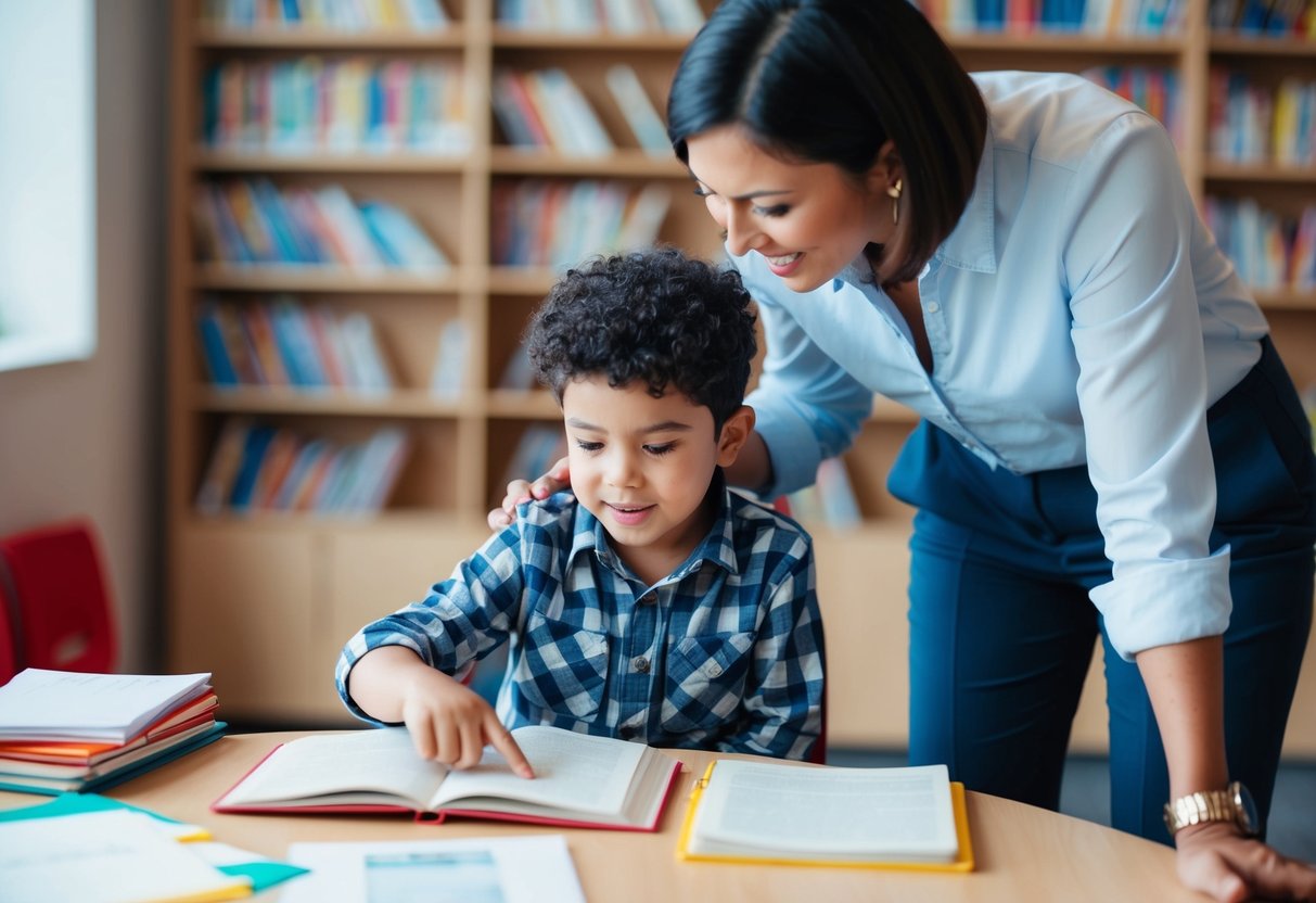 A child sitting at a table with books and papers while an adult stands nearby, pointing to a page and offering guidance