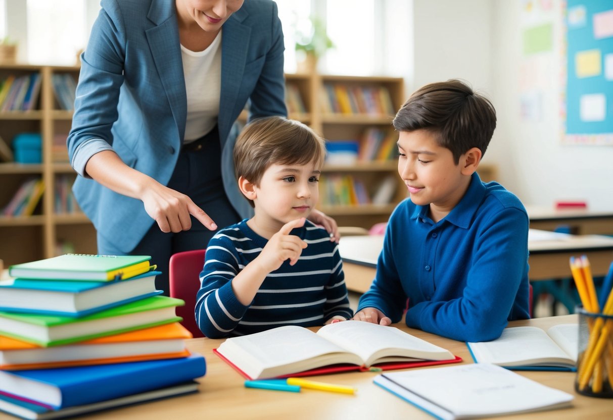 A child sits at a desk surrounded by textbooks and school supplies. A parent or tutor stands nearby, pointing to a math problem while the child listens attentively