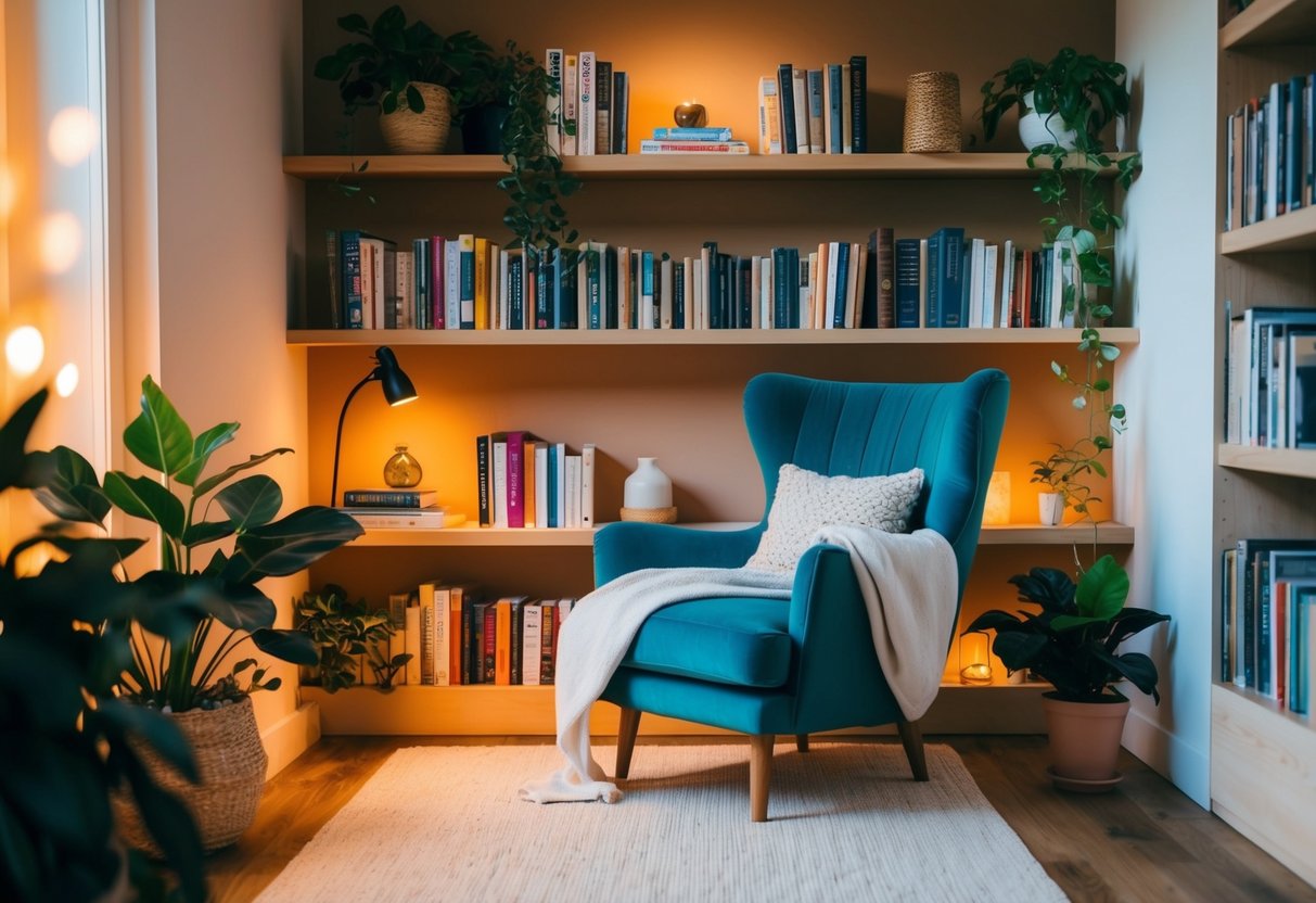 A cozy reading nook with a comfortable chair, soft blanket, and shelves filled with books, surrounded by warm lighting and plants