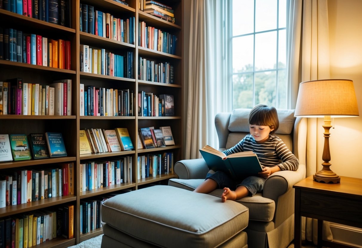 A cozy living room with a bookshelf filled with diverse reading materials, a comfortable reading nook with a soft chair and a warm lamp, and a child happily engrossed in a book