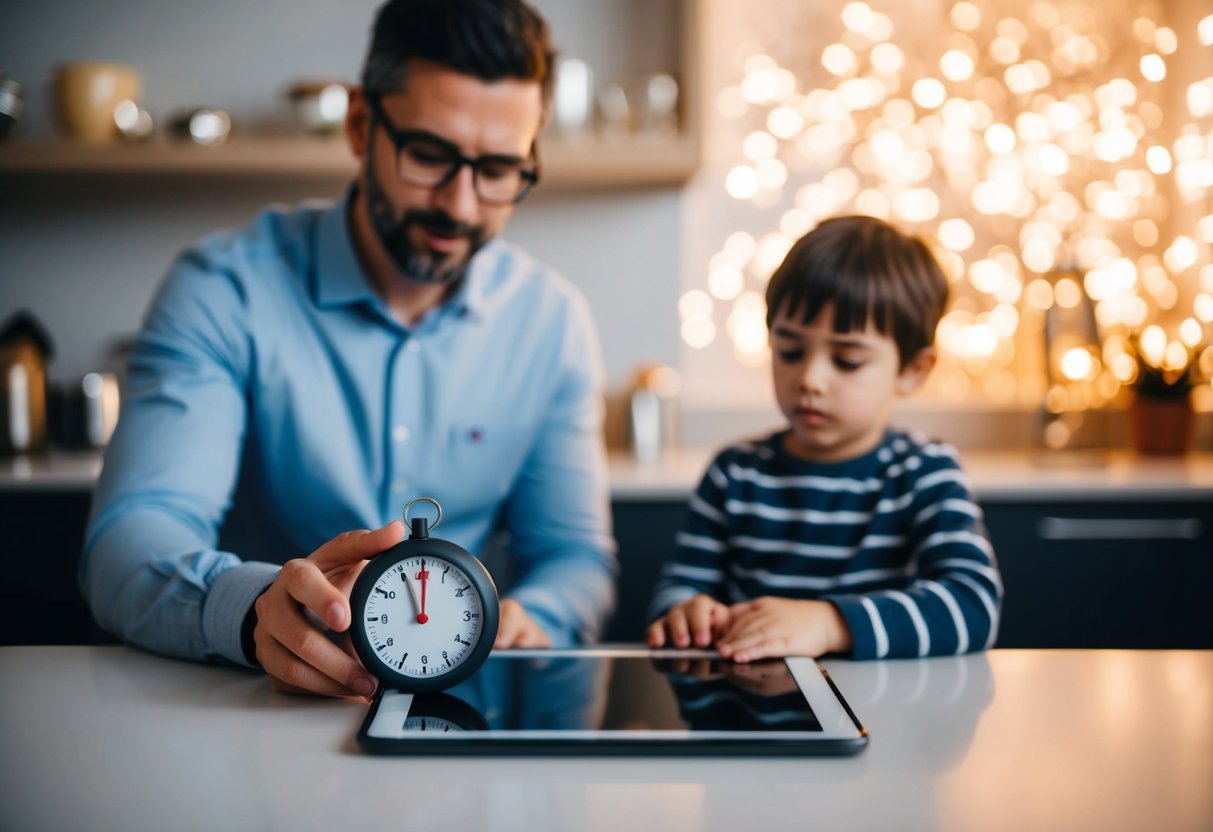 A parent setting a timer on a tablet while a child watches