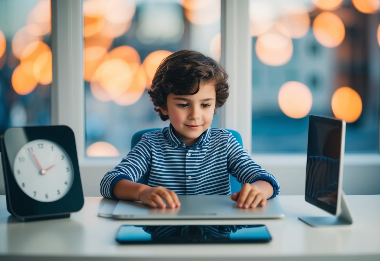 A child sitting at a desk, surrounded by digital devices, with a clock showing limited time