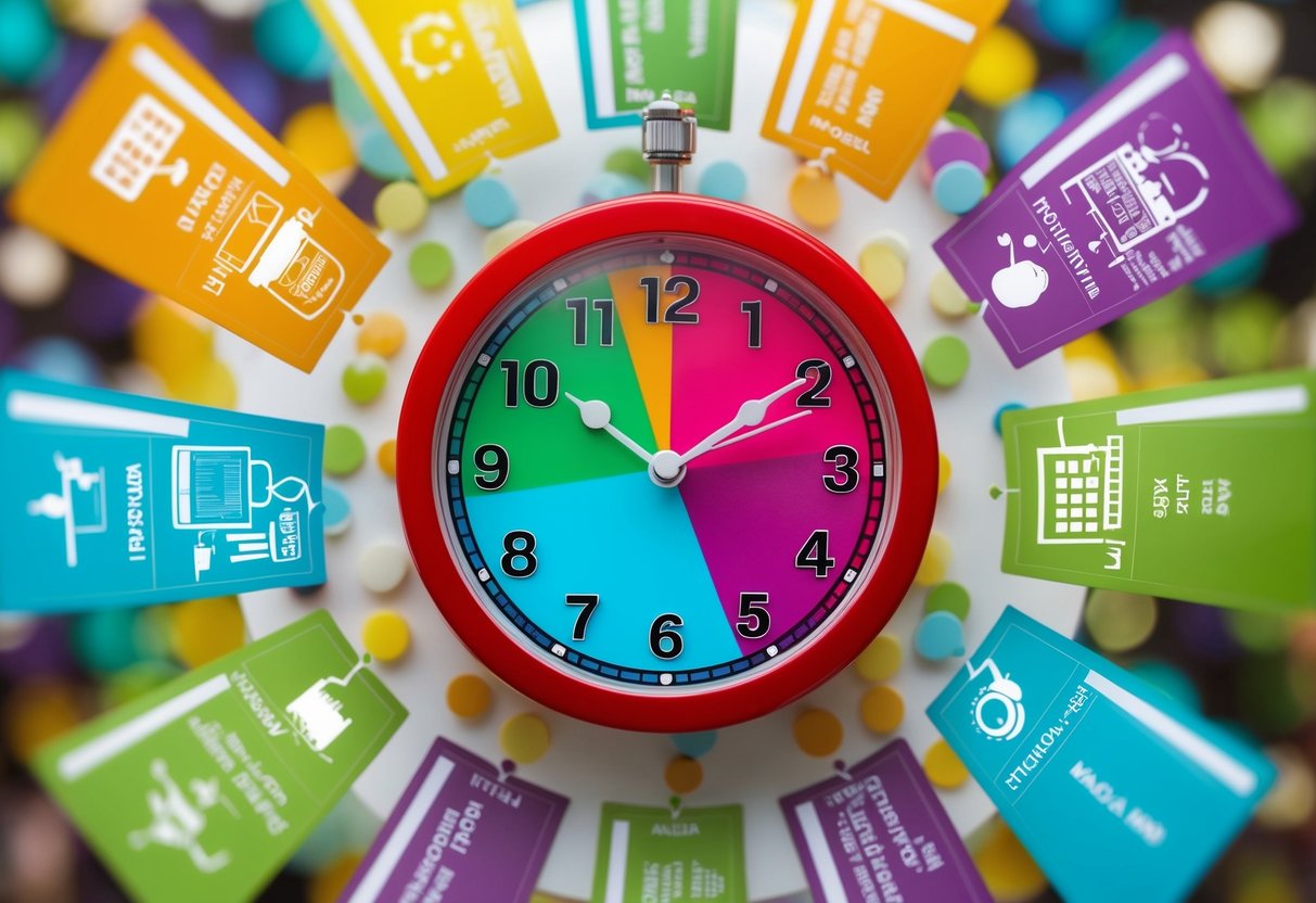 A colorful clock surrounded by various activities and tasks, each with a designated time slot