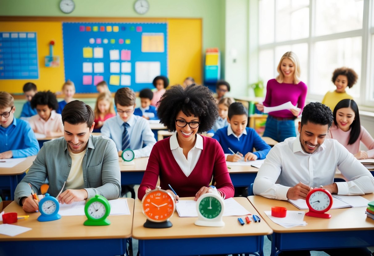 A colorful classroom with diverse age groups engaged in various time management activities such as using timers, calendars, and checklists