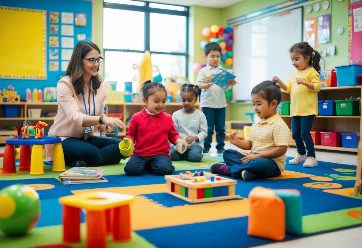 A colorful classroom with toys, books, and art supplies. A teacher leads group activities while kids play and explore