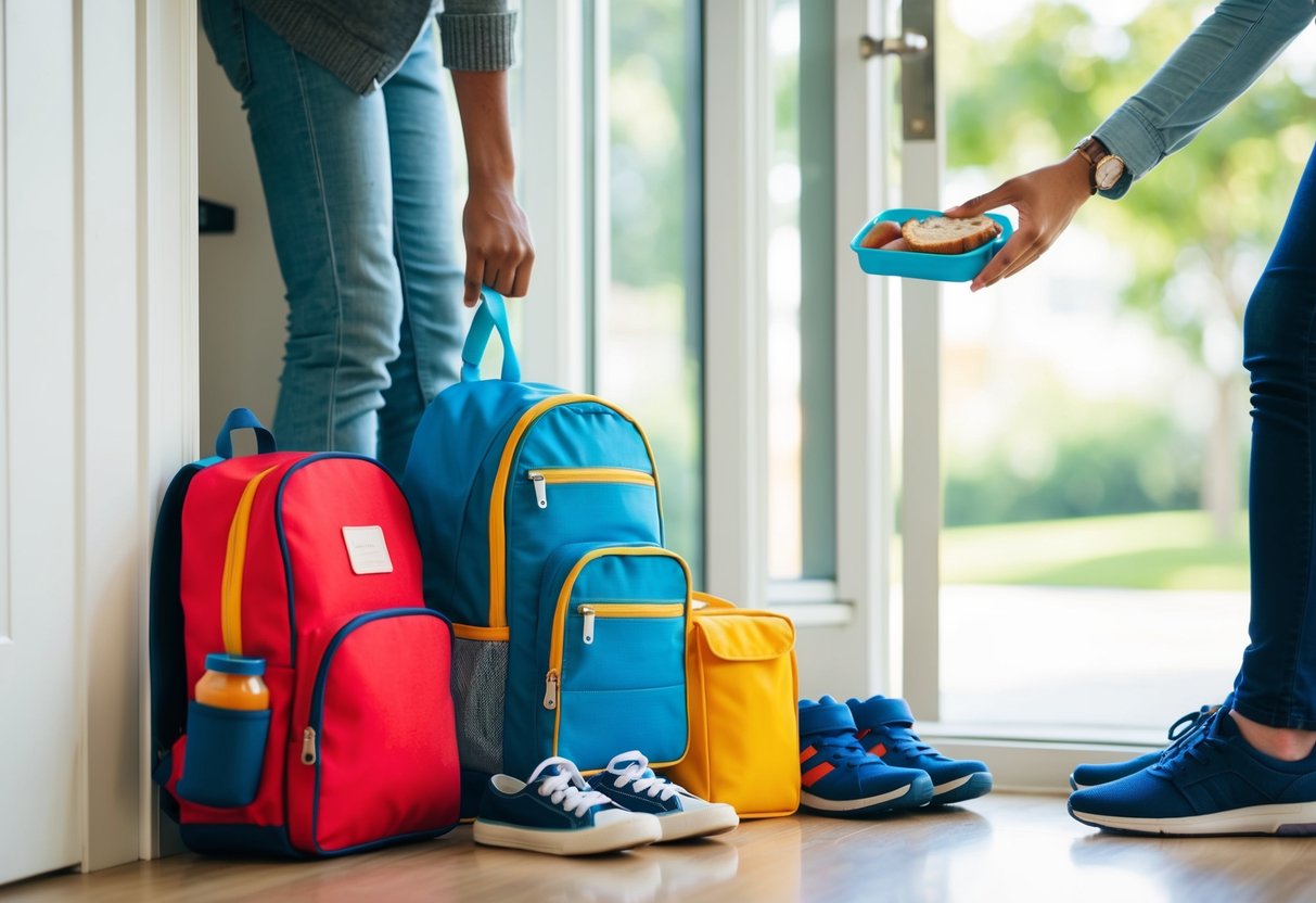 A child's backpack, lunchbox, and shoes lined up by the door, with a parent holding out a packed lunch