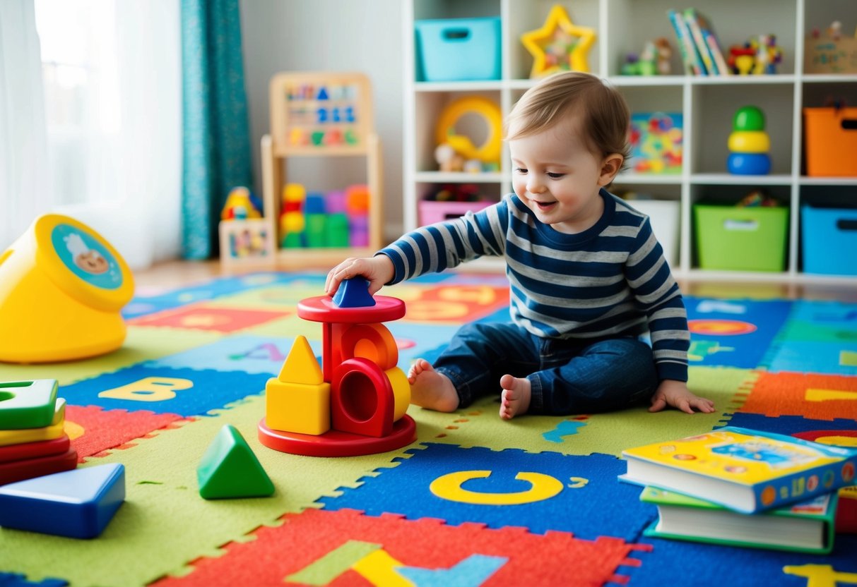 A colorful playroom filled with interactive toys and books, scattered across the floor. A toddler happily playing with a shape sorter while a soft, plush alphabet mat sits nearby