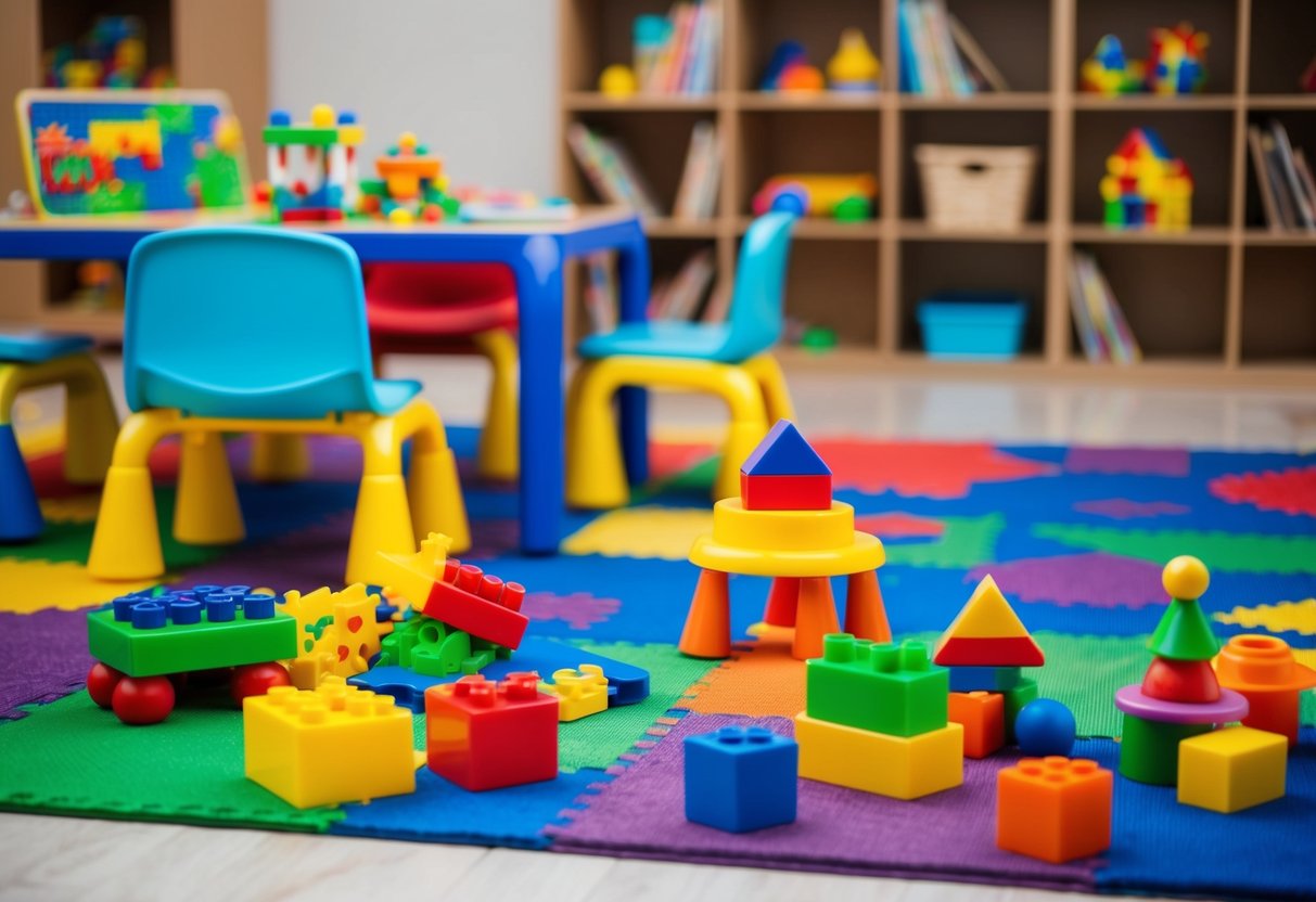 Colorful, interactive toys scattered on a playroom floor, including building blocks, puzzles, and shape sorters. A child-sized table and chairs hold art supplies and books