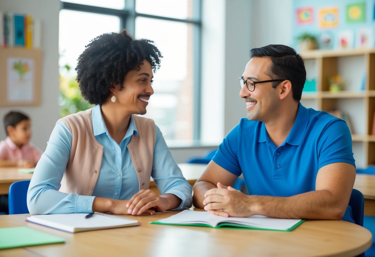 A parent and a teacher sitting at a table, engaged in a friendly and open conversation, with a warm and welcoming atmosphere