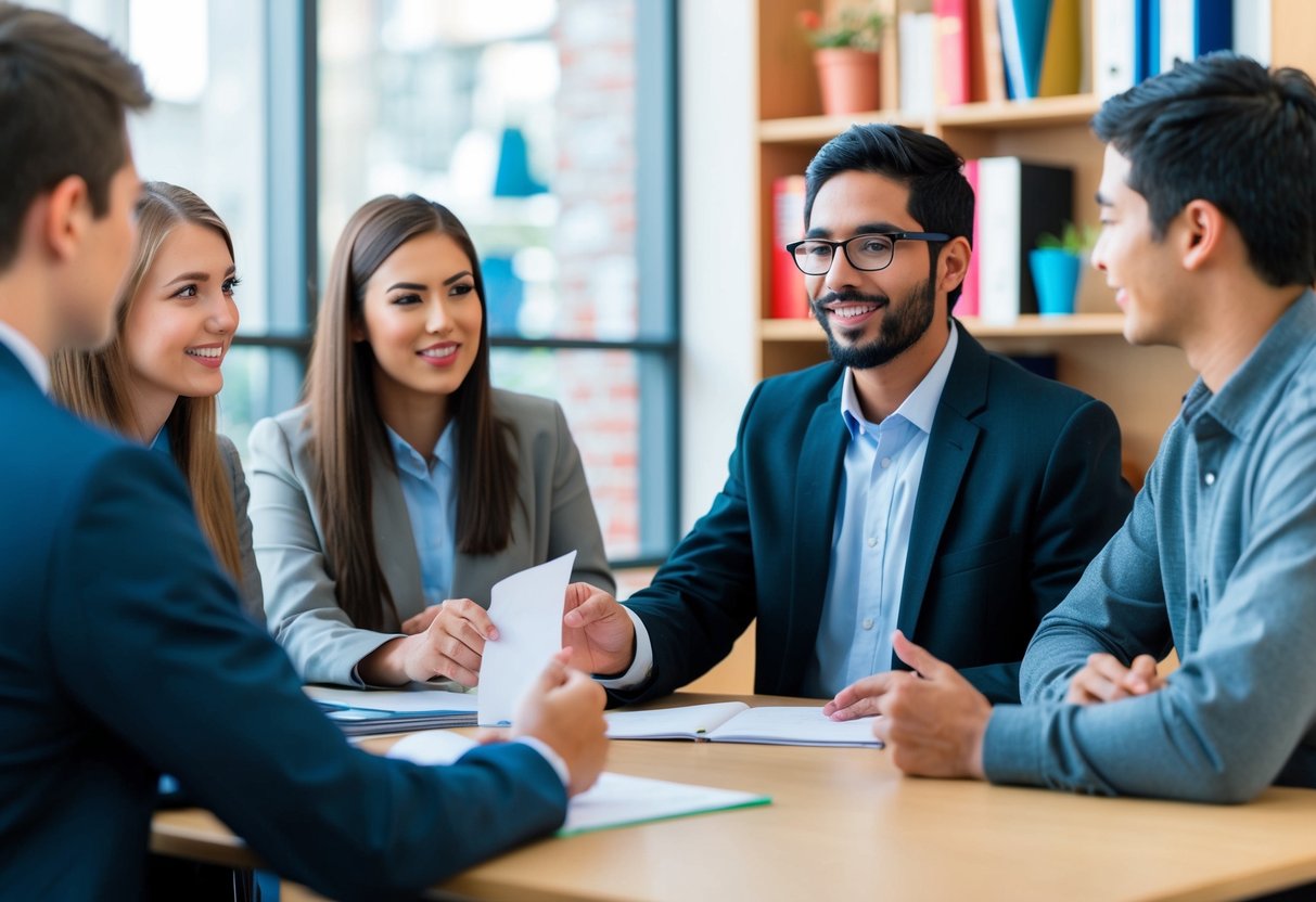 A student handing a note to a teacher, while other students engage in a group discussion