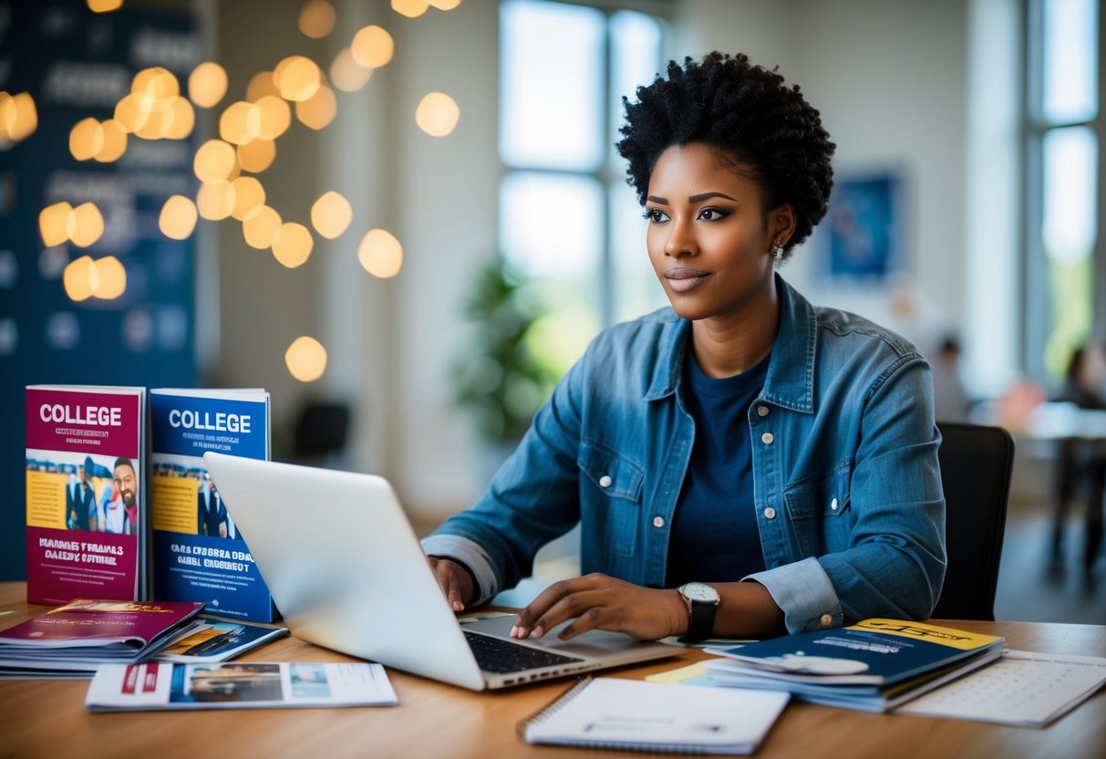 A student sits at a desk surrounded by college brochures, a laptop, and a calendar. They appear focused and determined as they navigate the college application process