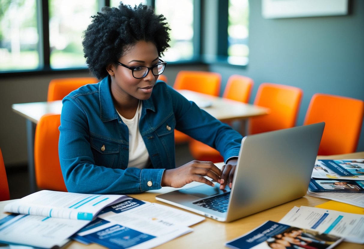 A student researching on a laptop surrounded by college brochures and scholarship applications