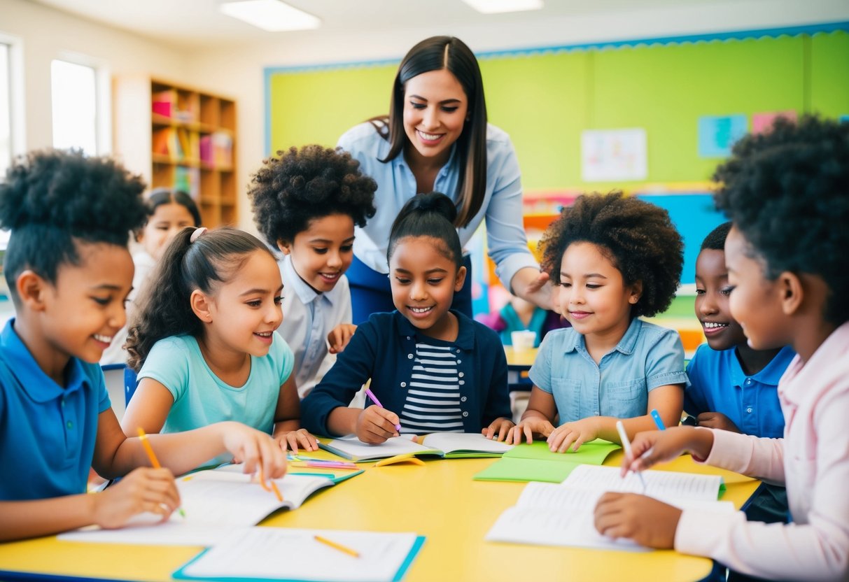 A group of diverse children engaging in various educational activities with supportive adults in a bright and inclusive learning environment