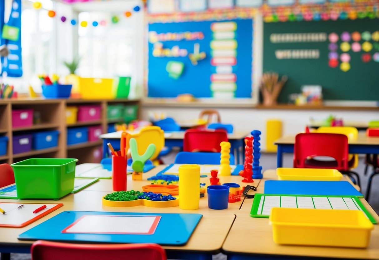 A colorful classroom with diverse learning materials, sensory tools, and assistive technology for kids with learning disabilities