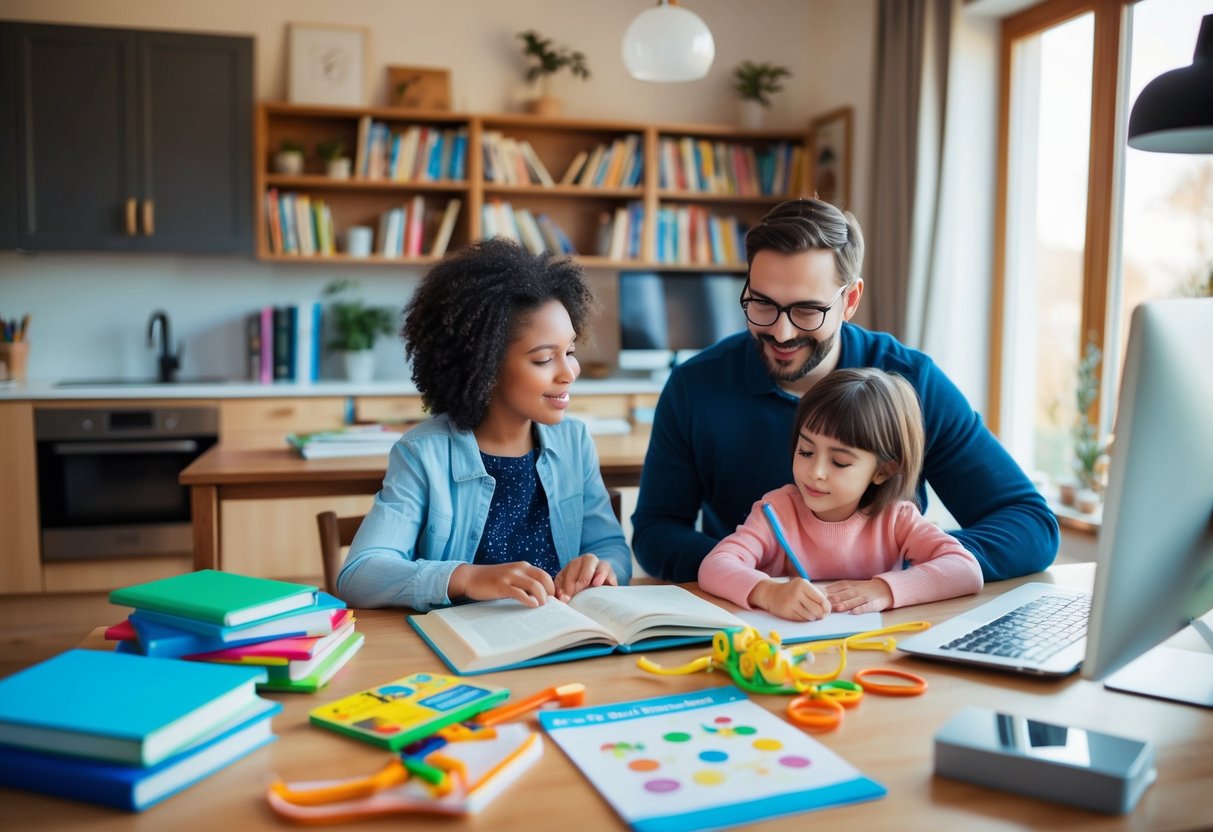 A cozy home with books, a computer, and educational materials scattered on a table. A parent sits nearby, guiding a child through a lesson