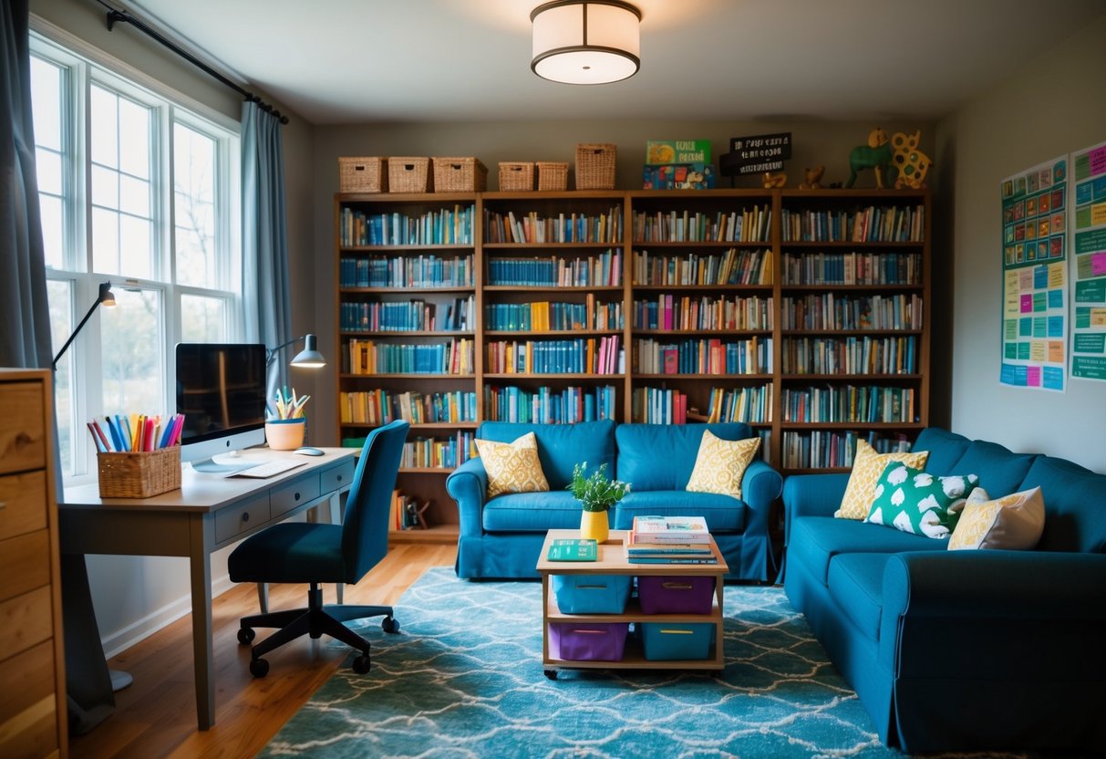 A cozy living room with a bookshelf filled with educational resources, a desk with school supplies, and a comfortable seating area for reading and learning