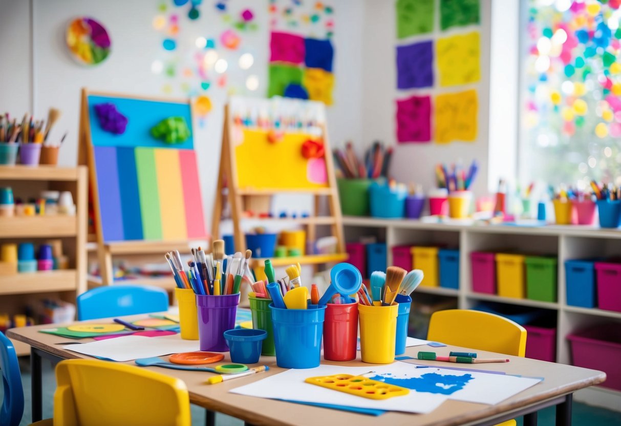 A colorful art room filled with various art supplies and tools, including paint, brushes, markers, and paper, with a large table for children to freely create and express themselves