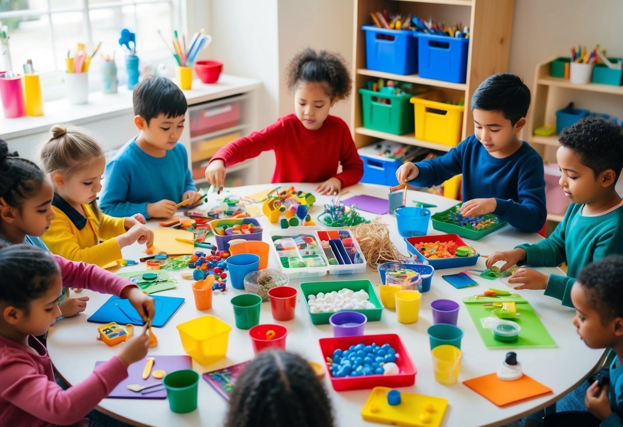 A colorful array of art supplies and open-ended activities spread out on a table, surrounded by children eagerly exploring and experimenting with different materials