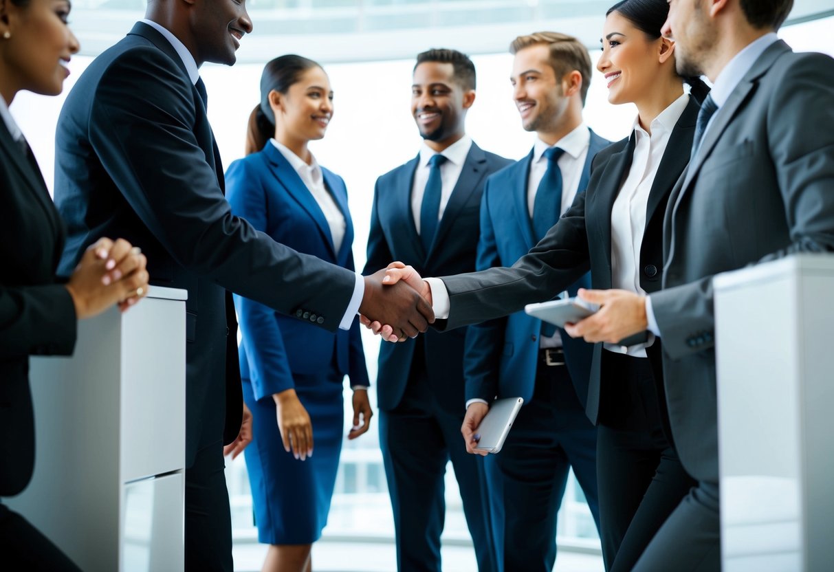 A group of professionals in business attire shaking hands in a modern office setting