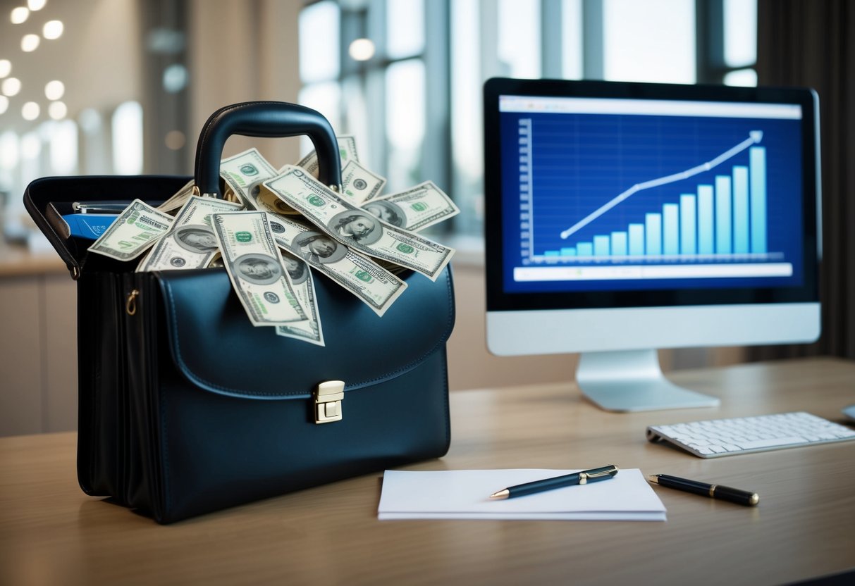 A briefcase overflowing with money, a diploma, and a computer with a graph showing a steep incline