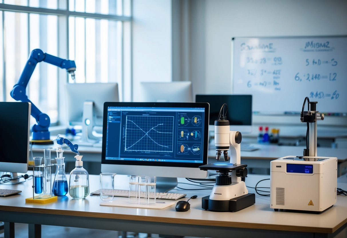 A laboratory with beakers, microscopes, and computers. A whiteboard displays complex equations. A robotic arm and 3D printer are at work