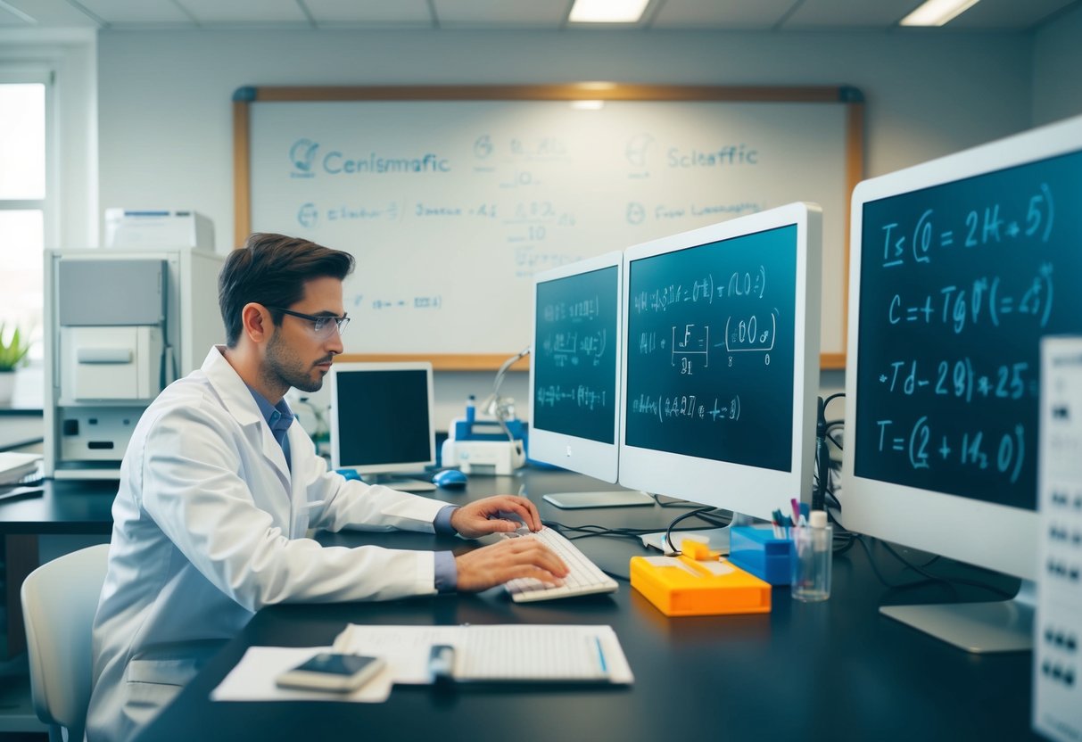 A laboratory setting with scientific equipment, computers, and mathematical formulas on a whiteboard