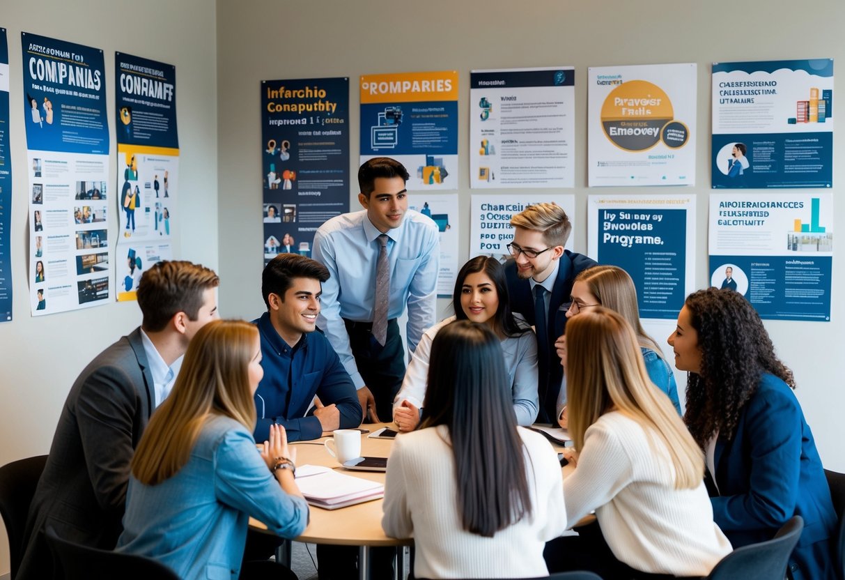 A group of students gathered around a table, discussing internship opportunities. Posters and flyers adorn the walls, showcasing various companies and programs