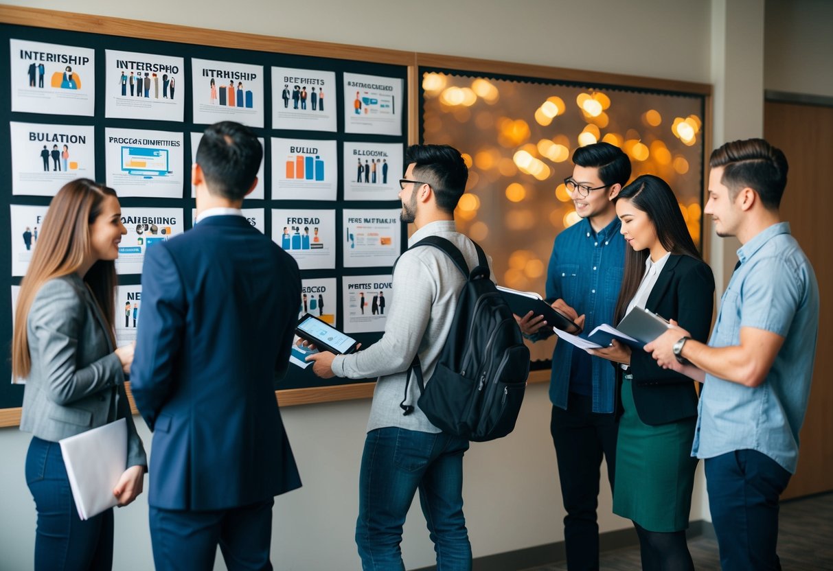 A group of students browsing through a variety of internship opportunities on a bulletin board or website