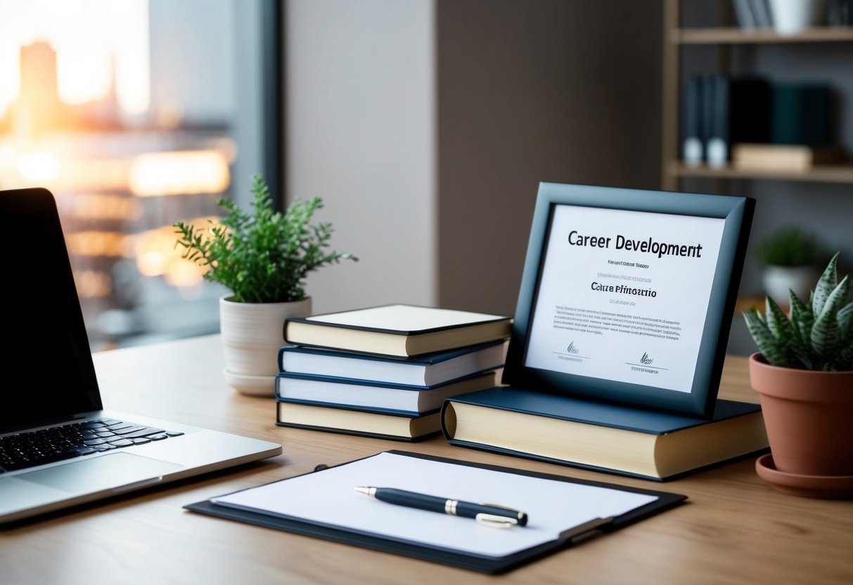 A desk with a laptop, notepad, and pen. A stack of books on career development. A framed certificate and a plant in a pot