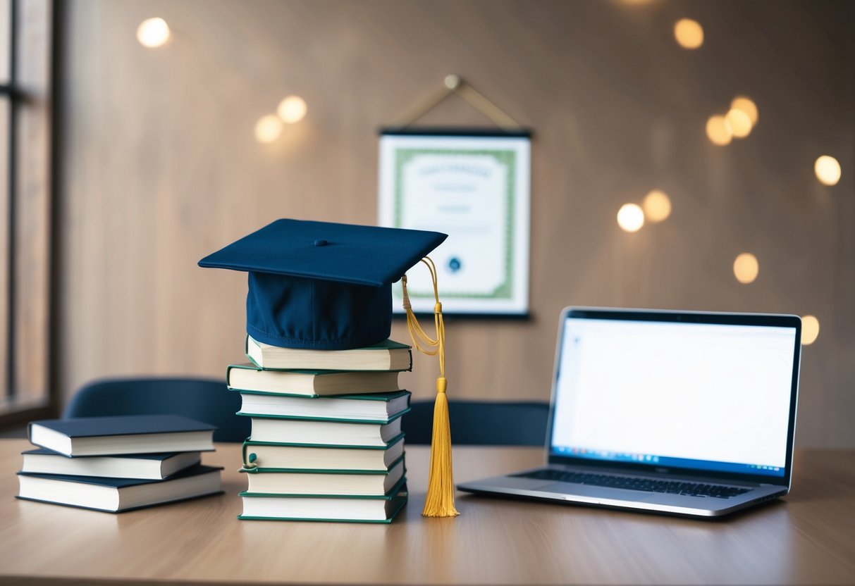 A stack of books and a graduation cap on a desk with a laptop and a certificate hanging on the wall