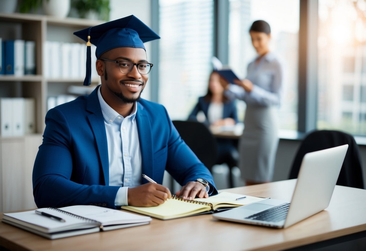 A recent graduate confidently preparing for an interview, sitting at a tidy desk with a laptop, notebook, and pen, while reviewing notes and practicing responses