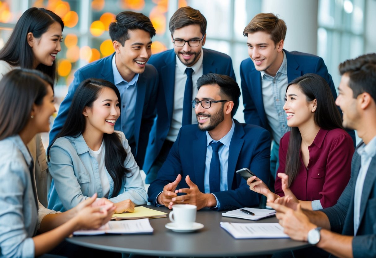 A group of recent graduates gather around a table, exchanging tips and strategies for post-interview success. They are engaged in lively conversation, sharing their experiences and insights