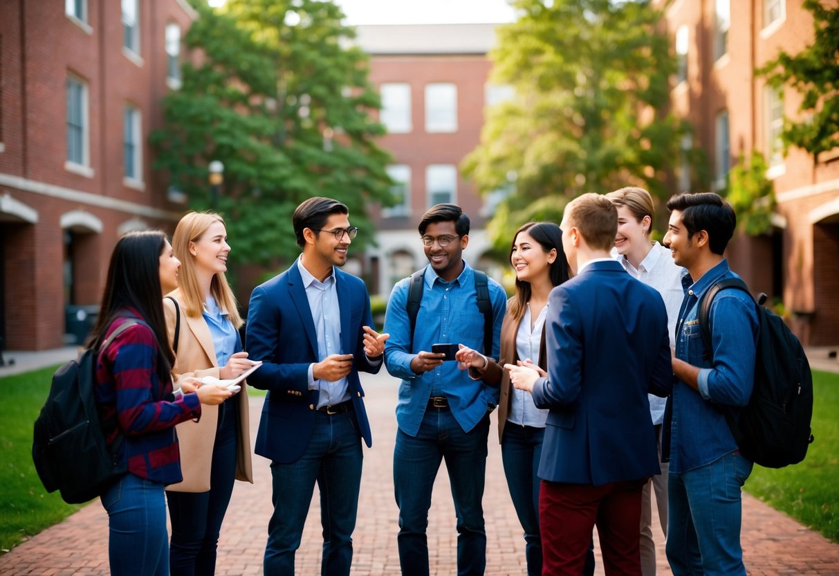 A group of students gather in a college courtyard, exchanging contact information and engaging in conversation. They are surrounded by campus buildings and greenery