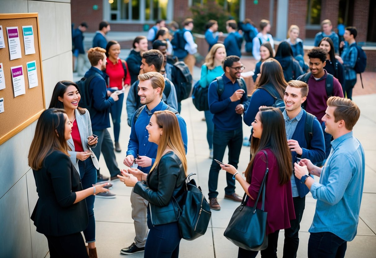 A college campus with students gathered in groups, engaged in conversations and exchanging contact information. A bulletin board with flyers advertising networking events