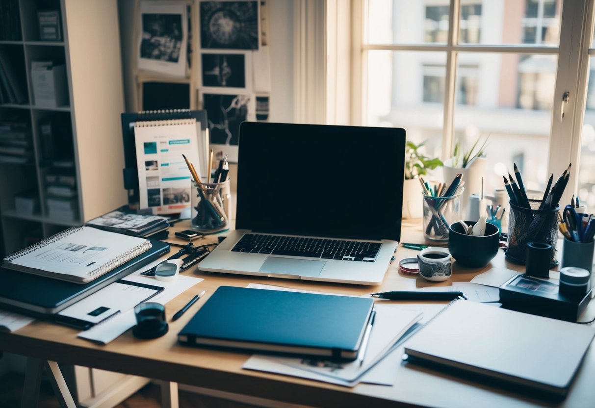 A cluttered desk with a laptop and notebook, surrounded by art supplies and reference materials. A window lets in natural light, illuminating the creative space