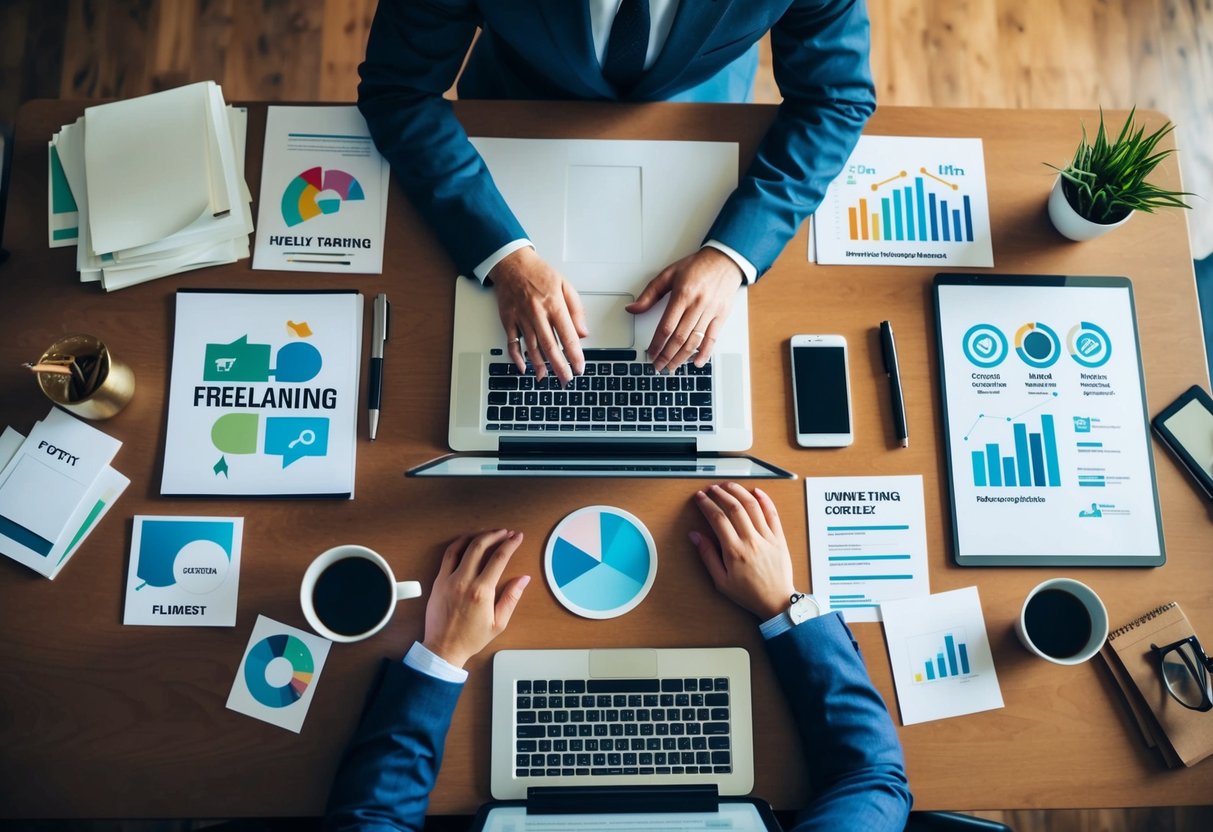 A freelancer at a desk surrounded by various marketing materials, brainstorming and strategizing