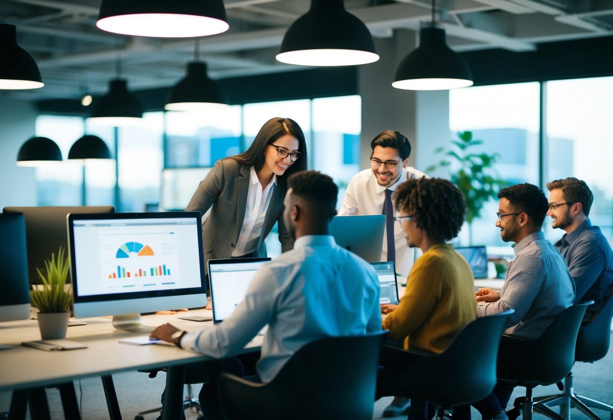 A group of diverse individuals working in a modern office setting with computers and collaborative workspaces