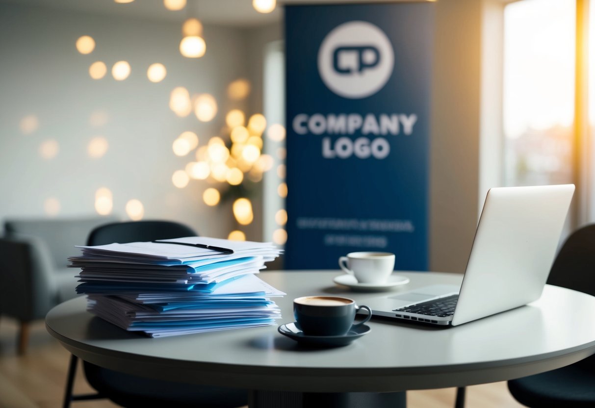 A table with a stack of resumes, a laptop, and a cup of coffee. A banner with the company logo hangs in the background