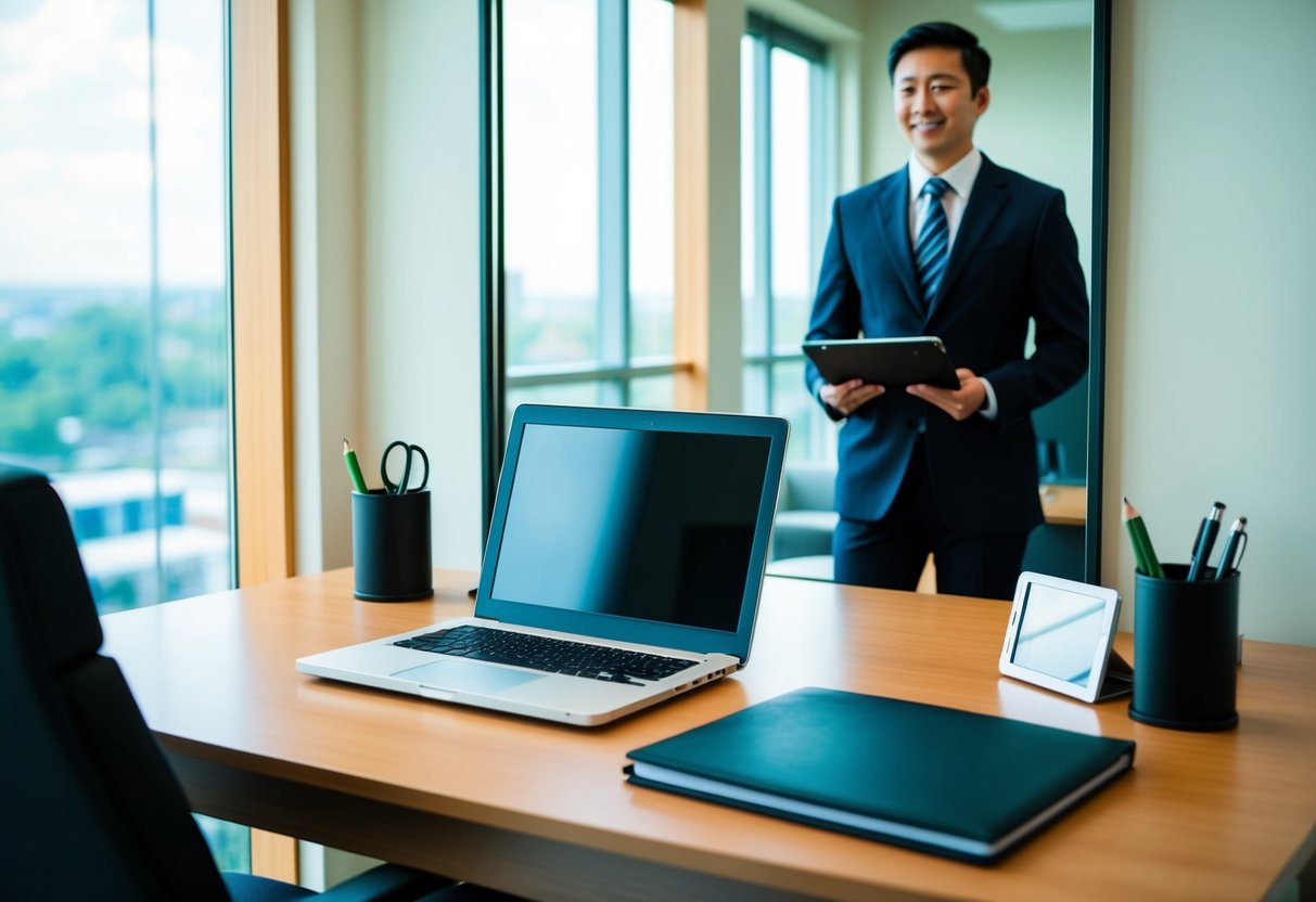 A neatly organized desk with a laptop, professional attire, and a padfolio. A mirror reflects a confident individual ready for a career fair