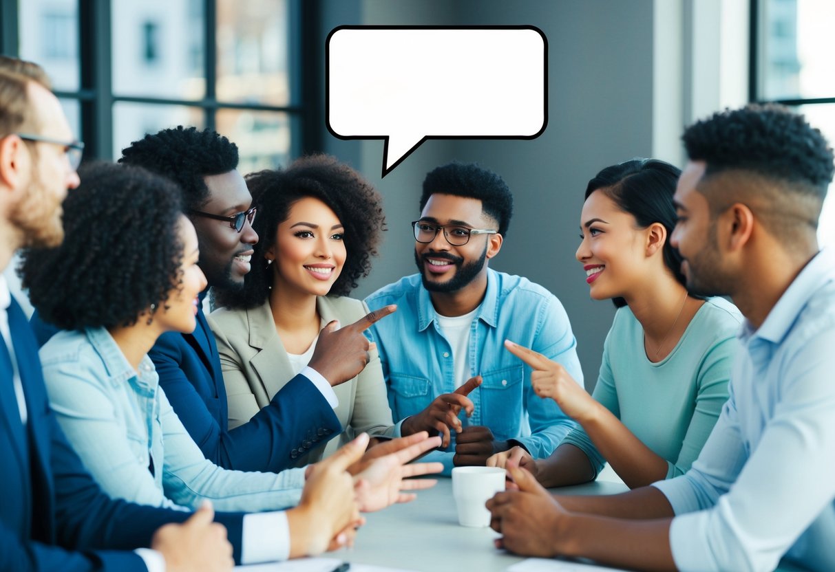 A group of diverse people engage in conversation, gesturing and listening attentively. A speech bubble hovers above, symbolizing effective communication