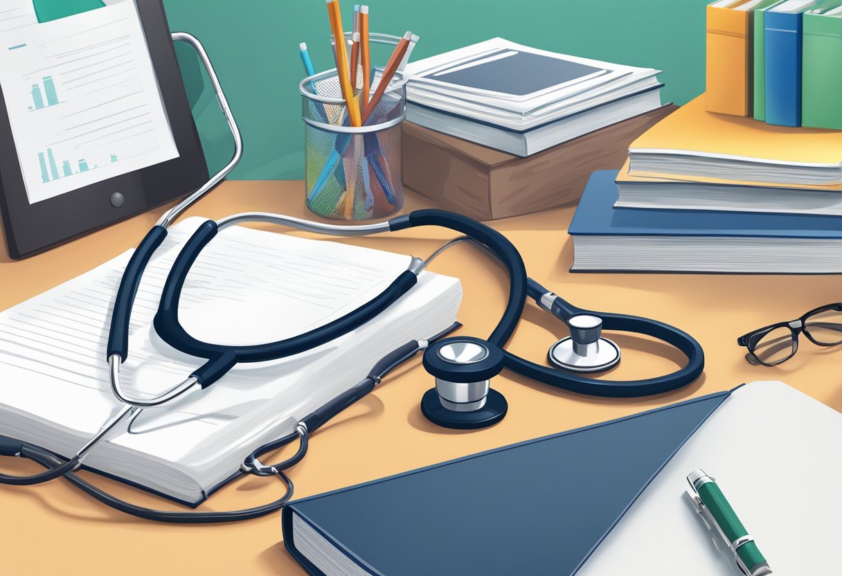 A stethoscope, medical textbooks, and a diploma on a desk in a bright, organized study room