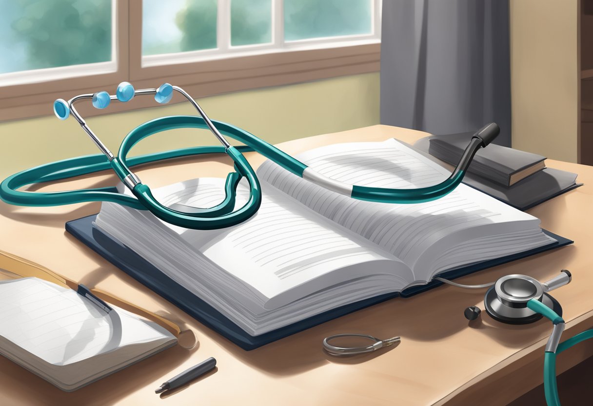 A stethoscope and medical textbooks on a desk, with a diploma and white coat hanging on the wall