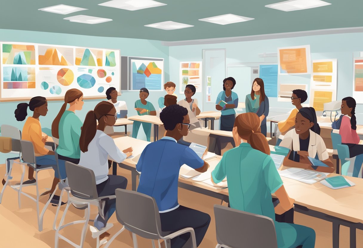 A classroom filled with diverse students, engaged in group discussions and hands-on activities, surrounded by medical equipment and educational posters