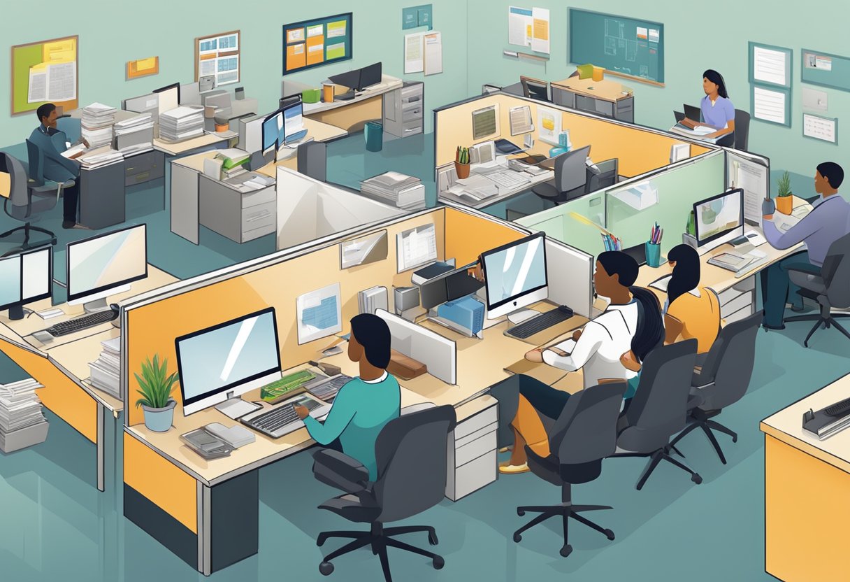 A bustling office with diverse staff, computers, and paperwork, symbolizing the work of Health and Human Services