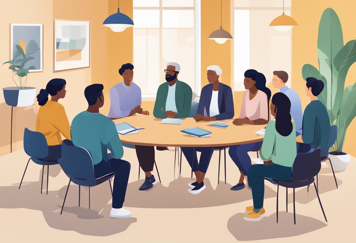 A group of diverse individuals gather around a central figure, engaging in discussions and exchanging information. The atmosphere is collaborative and focused, with a sense of purpose and determination