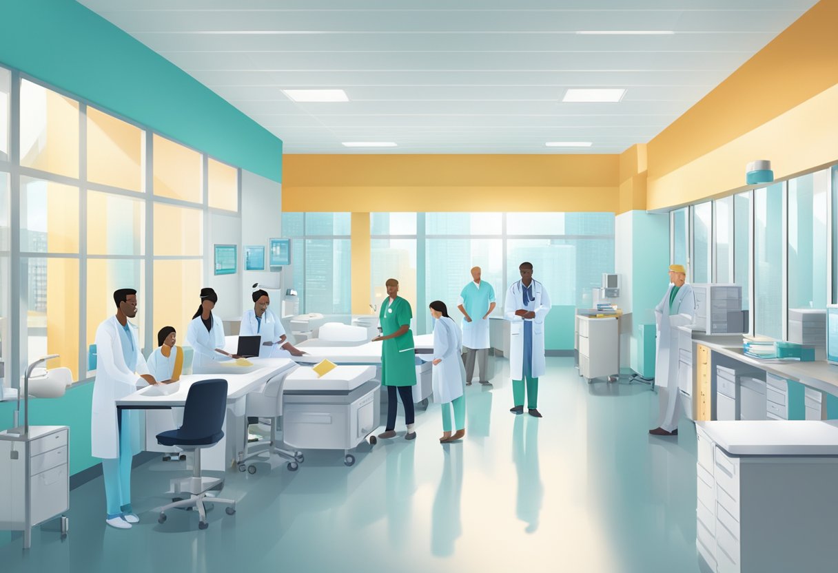 A modern hospital with diverse medical professionals collaborating in a bright, organized workspace