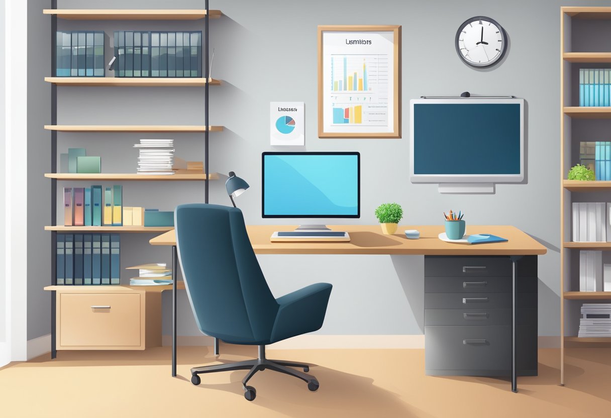 A desk with a computer, calculator, and paperwork. Shelves with binders and folders. A chart or graph displayed on the wall