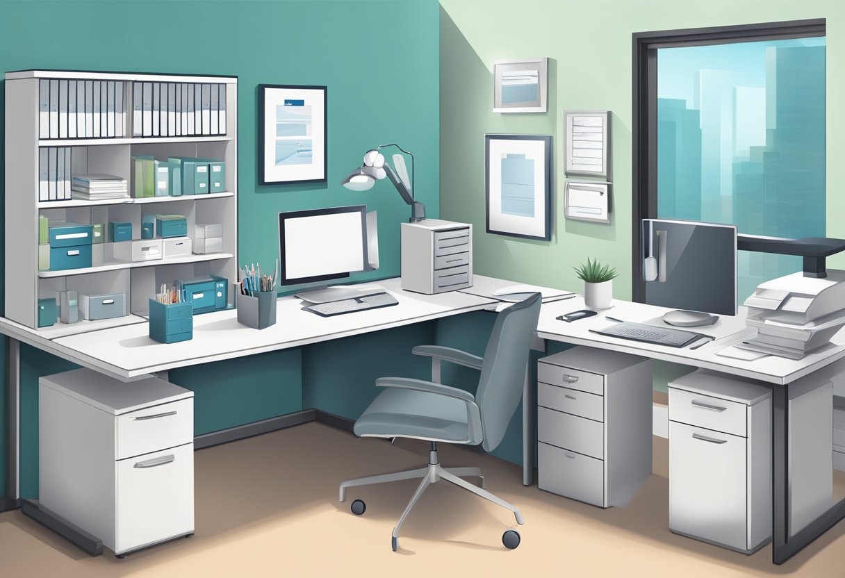 A modern healthcare management office with a desk, computer, and filing cabinet. A professional setting with a clean and organized environment