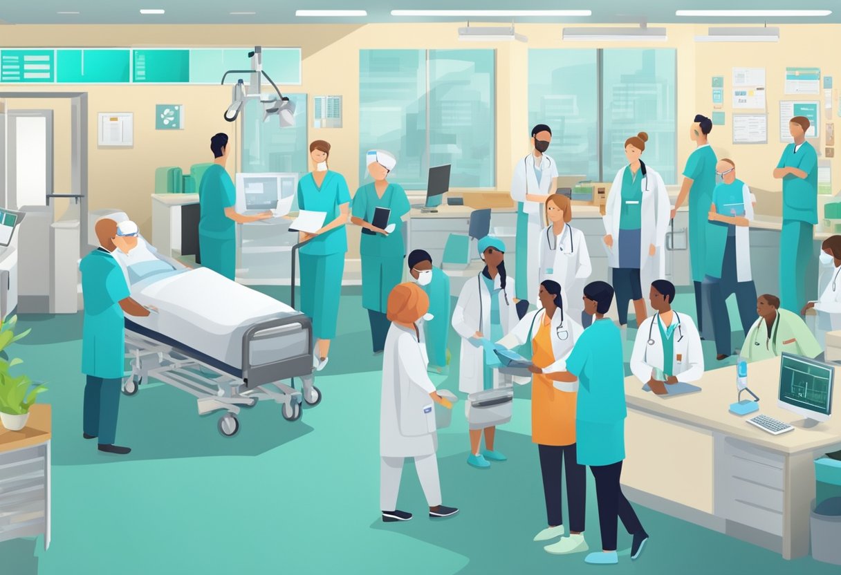 A bustling hospital with staff and patients, charts and medical equipment, all working together to improve healthcare operations and quality