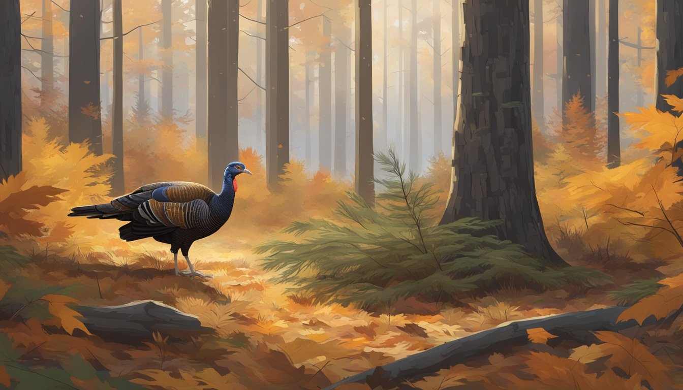 A hunter in camouflage waits quietly in a forest clearing, surrounded by tall pine trees and fallen leaves. A wild turkey cautiously approaches, its feathers blending in with the autumn colors